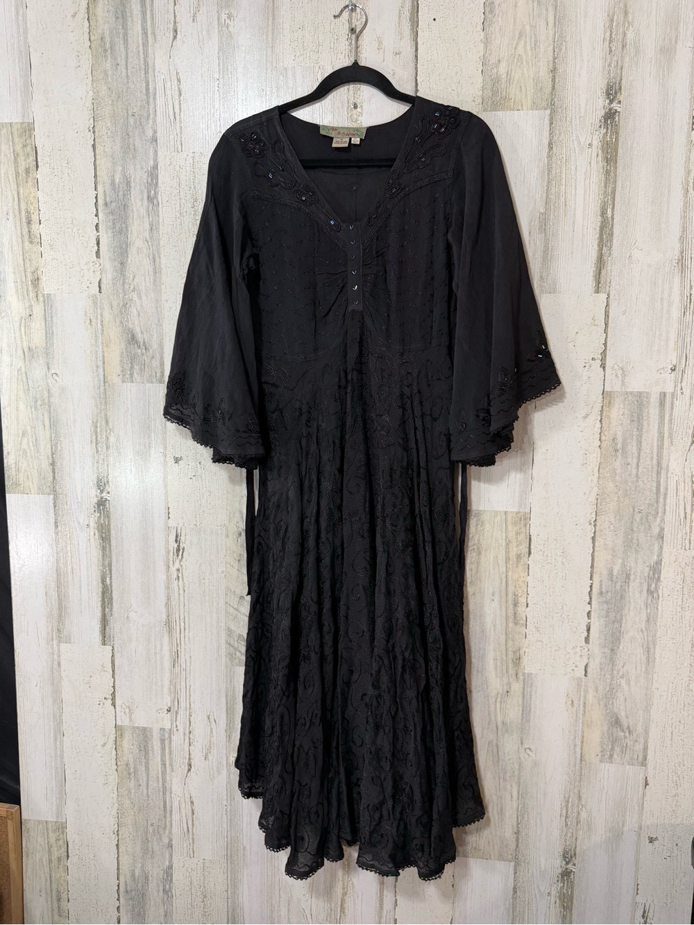 Butterfly Rayon Black Embroidered Maxi Dress Trumpet Sleeve - Picture 5 of 15